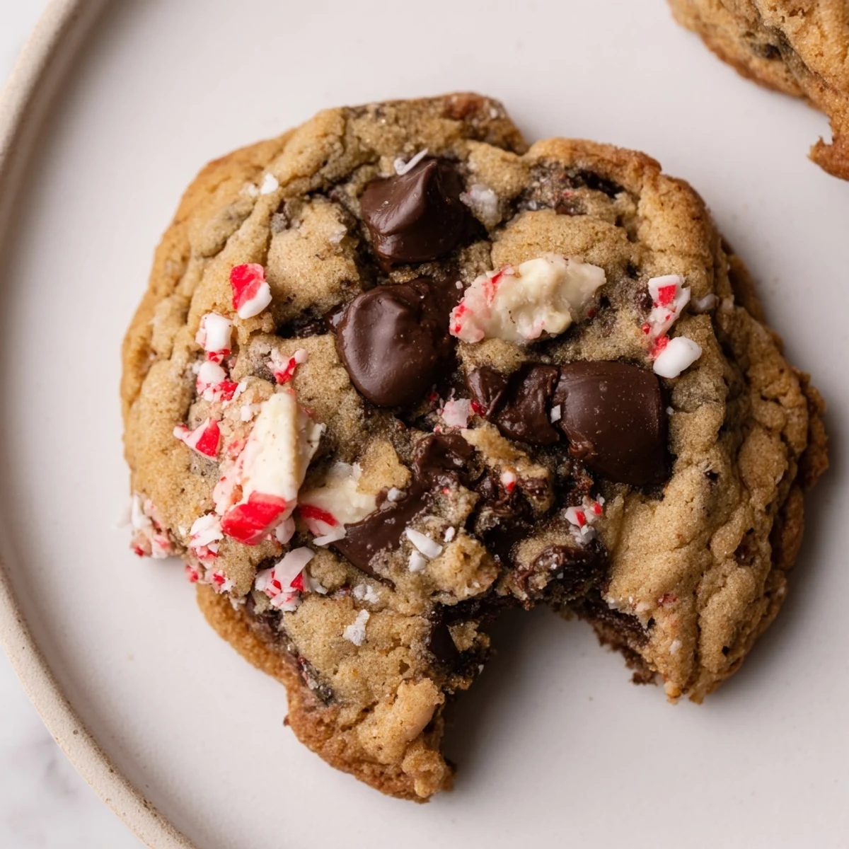 Warm, freshly baked Peppermint Bark Chocolate Chip Cookies with melting chocolate and crispy peppermint.