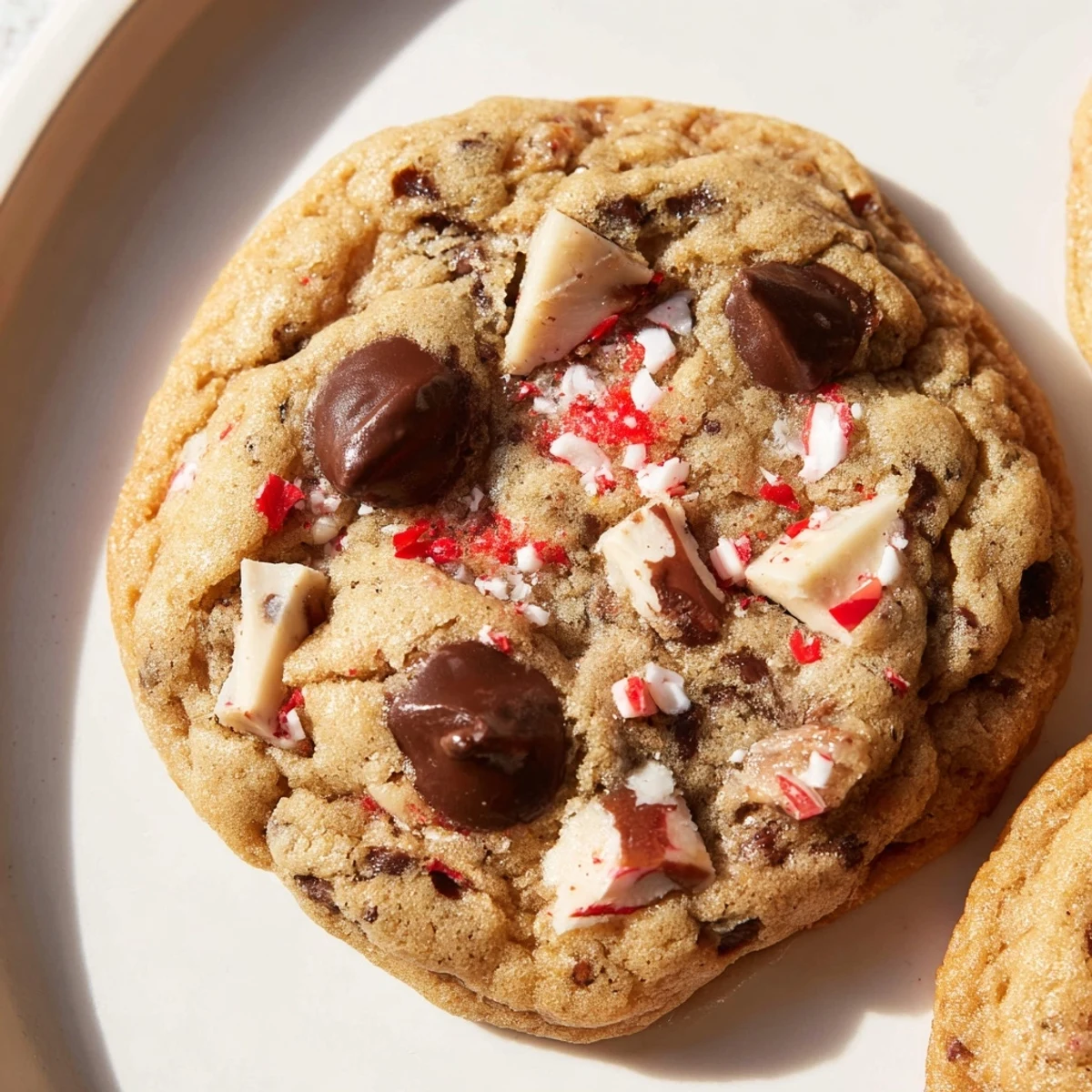 Golden-edged Peppermint Bark Chocolate Chip Cookies are stacked on a cooling rack, ready to enjoy this winter.
