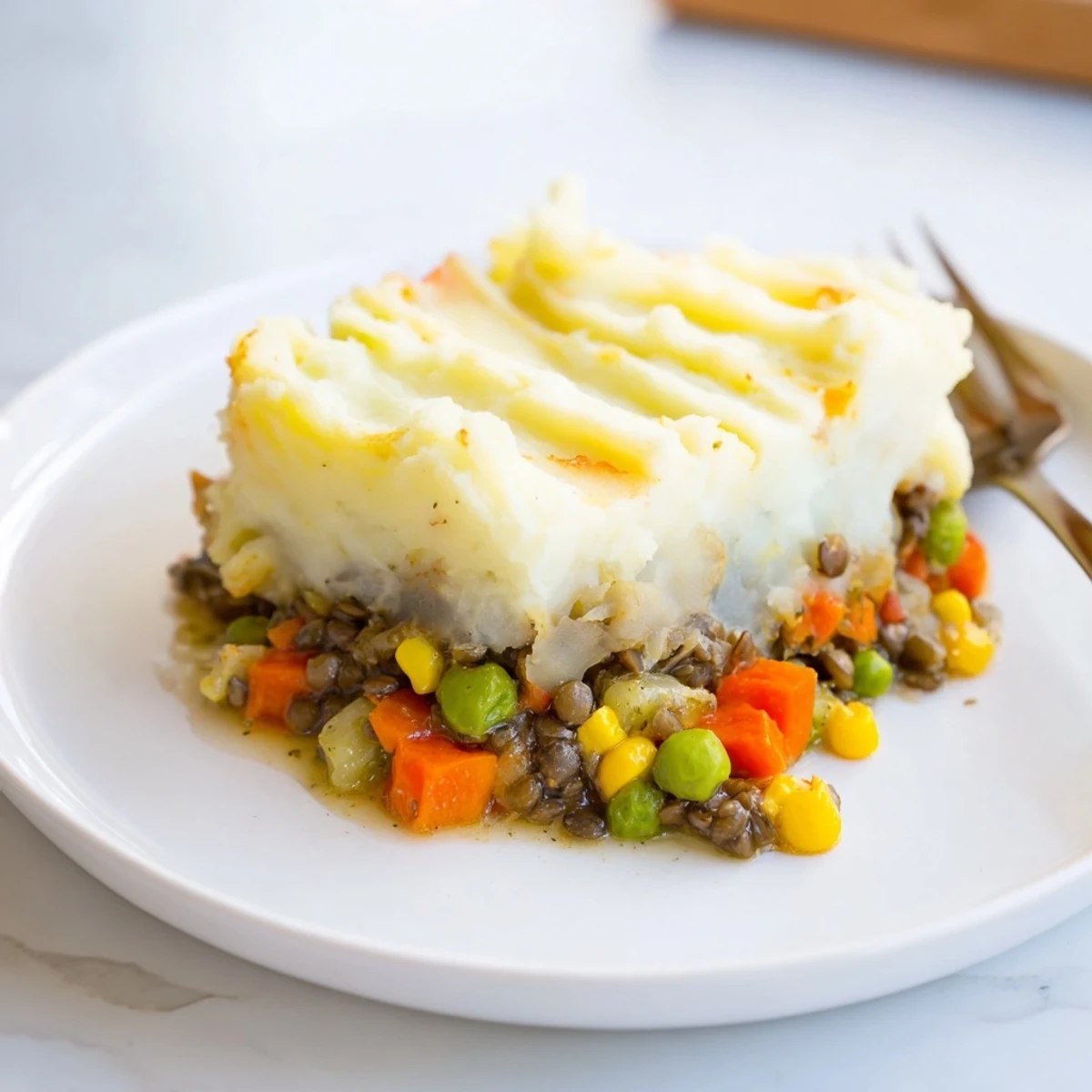 Hearty vegetarian shepherds pie with lentils, topped with golden mashed potatoes, steaming hot.