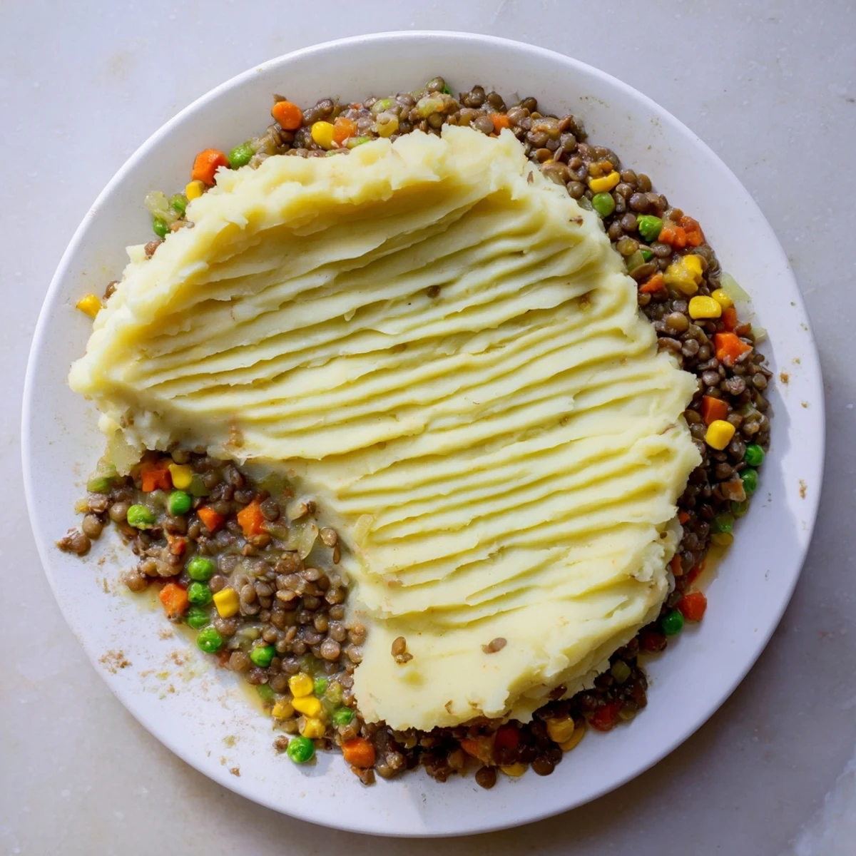 Close-up of bubbling vegetarian shepherds pie with lentils, showing creamy mashed potato topping in detail.