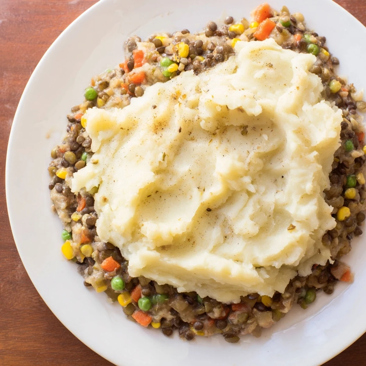 A baking dish filled with savory vegetarian shepherds pie with lentils, ready to serve and enjoy.