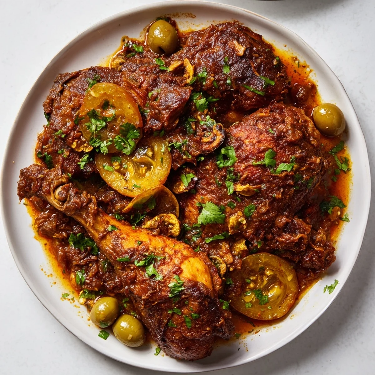 Golden-brown Slow Cooked Chicken with Preserved Lemon, tender and glistening, ready to serve with fresh herbs.