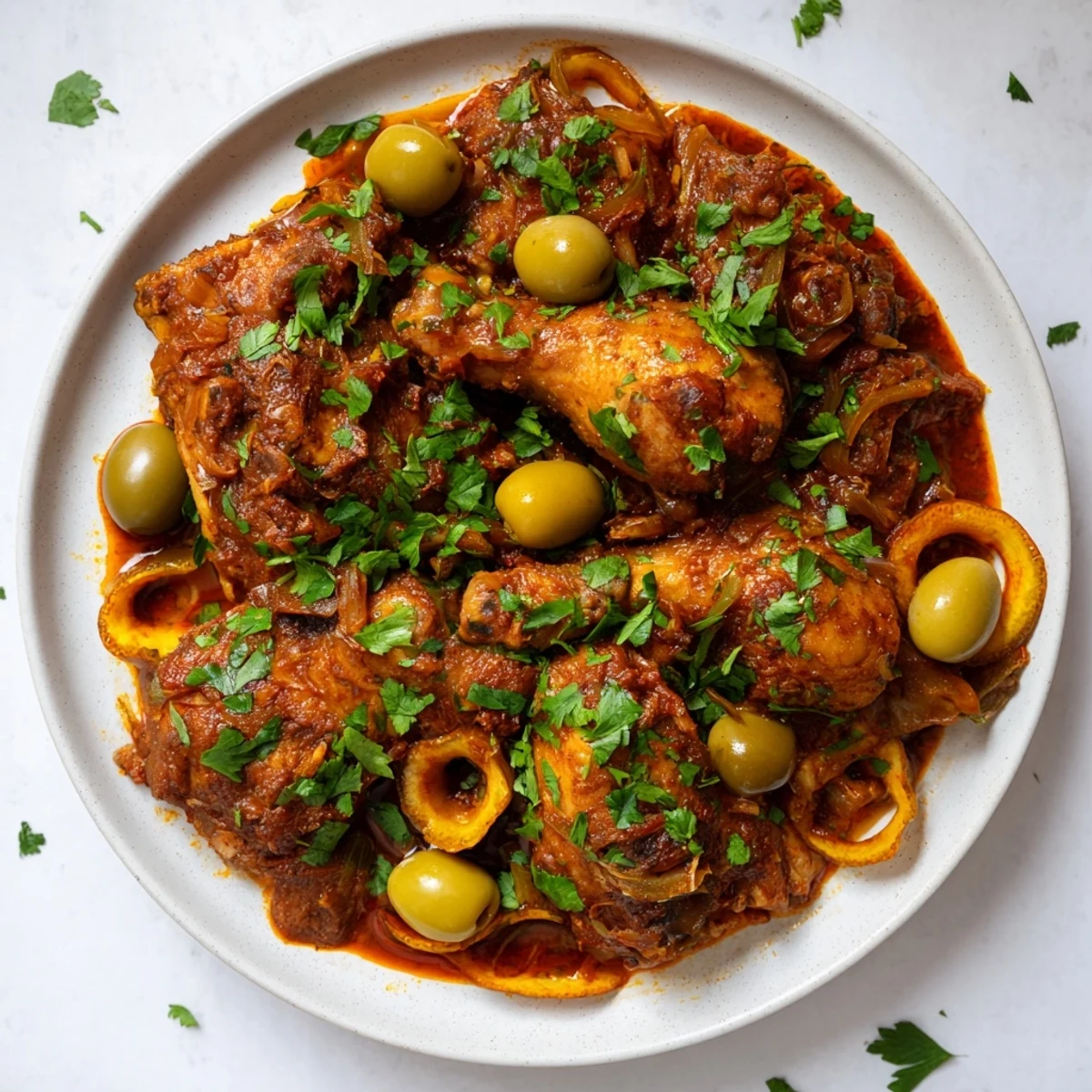 Aromatic Slow Cooked Chicken with Preserved Lemon, falling off the bone, flavored with olives and spices.