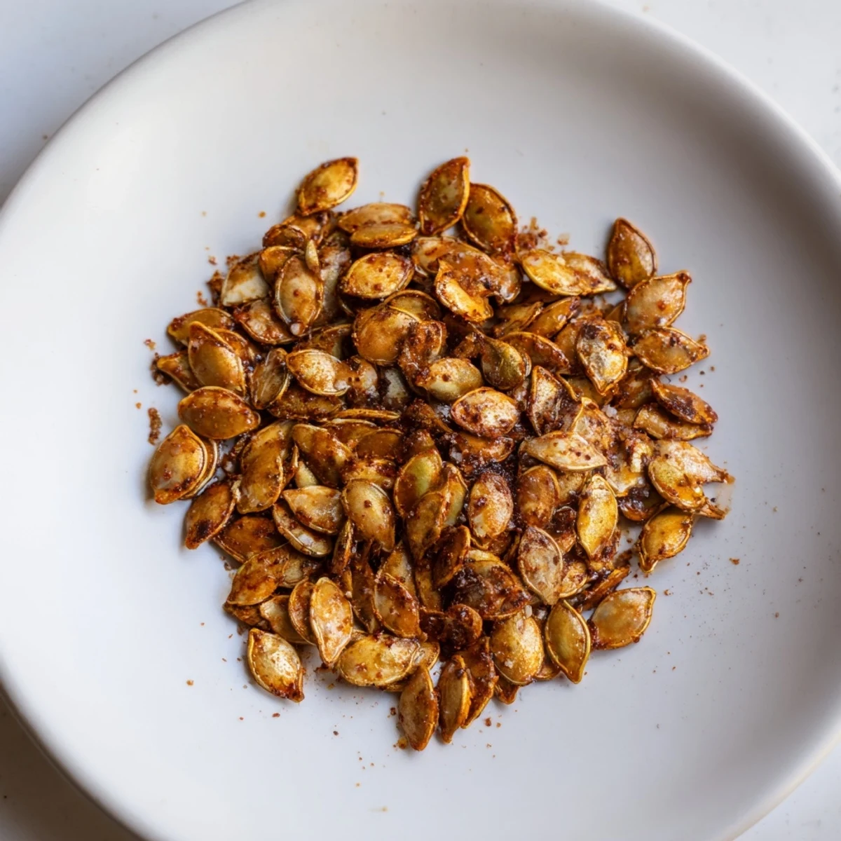 Golden, crispy roasted pumpkin seeds with paprika on a baking sheet, ready to eat.