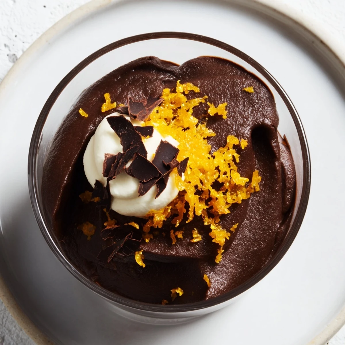 Creamy dark chocolate and orange mousse, garnished with zesty orange and chocolate shavings; a vibrant treat.
