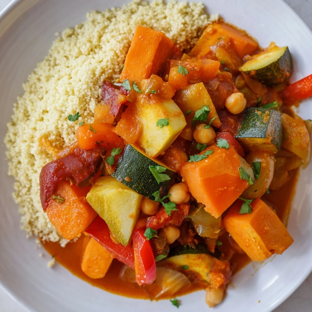 Golden Winter Vegetable Tagine with fluffy couscous, perfect for a cozy, flavorful dinner.