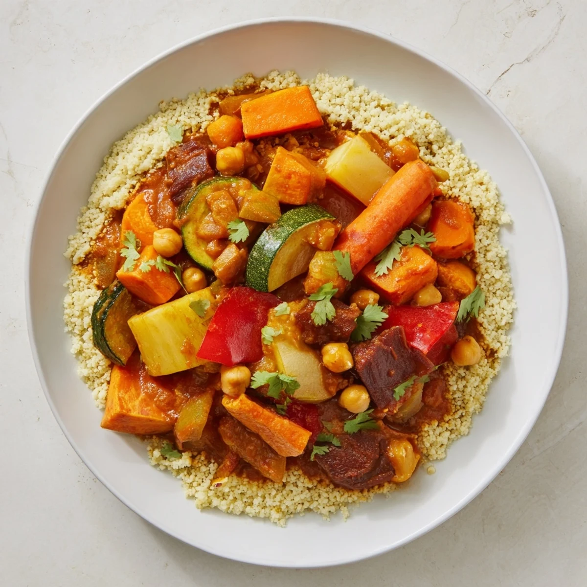 A vibrant bowl of Winter Vegetable Tagine, steaming and ready to be served over couscous.