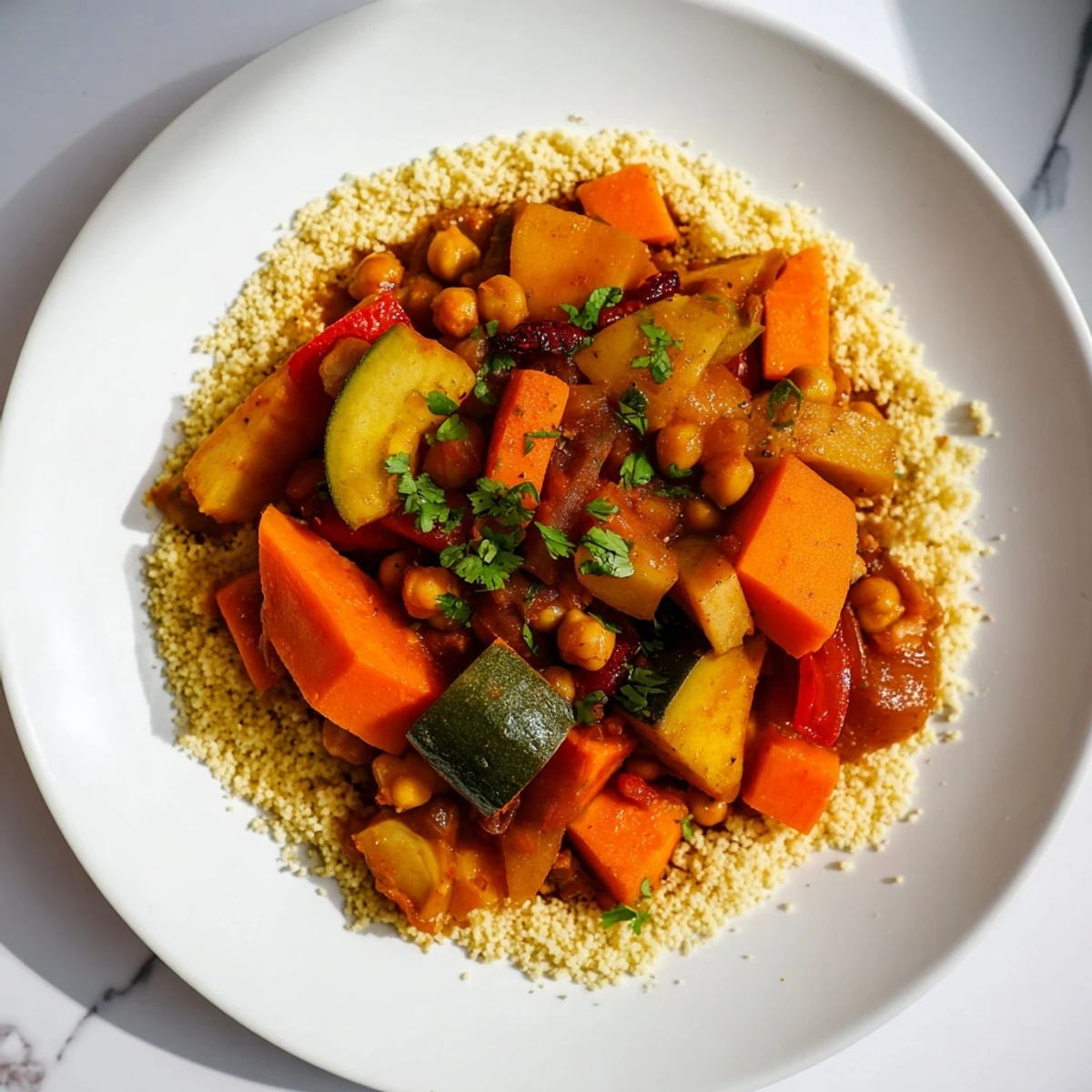 Close-up of a rich, spiced Winter Vegetable Tagine with tender vegetables, ideal with couscous.