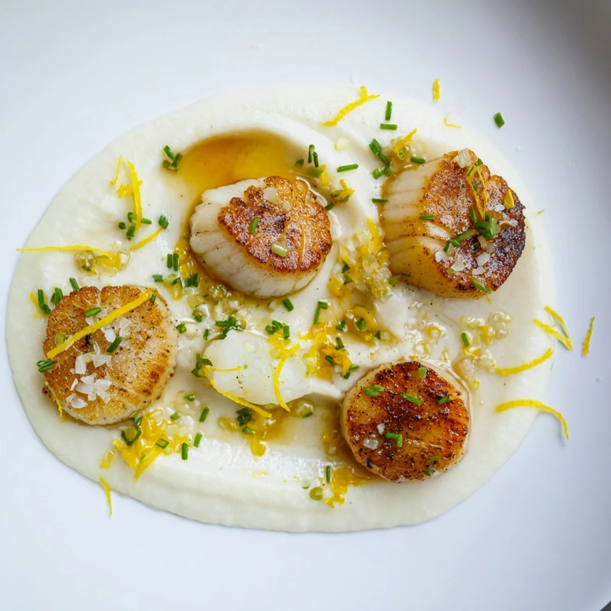 Golden-brown pan seared scallops on creamy cauliflower purée, a flavorful and elegant dish.