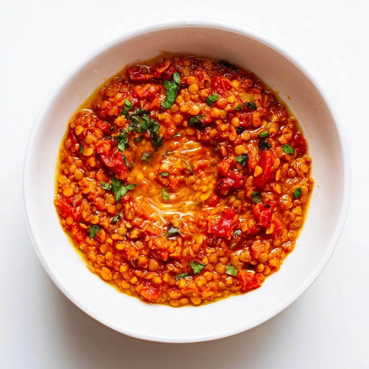 Steaming bowl of Spiced Lentil Dhal, garnished with cilantro, ready to serve with warm naan.