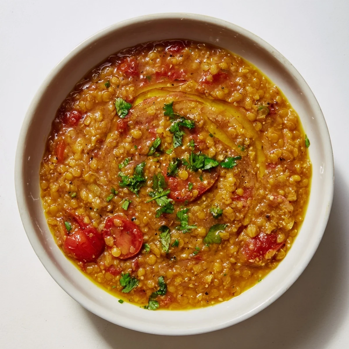 Close-up of hearty Spiced Lentil Dhal, the perfect comforting meal with a rich, spiced aroma.