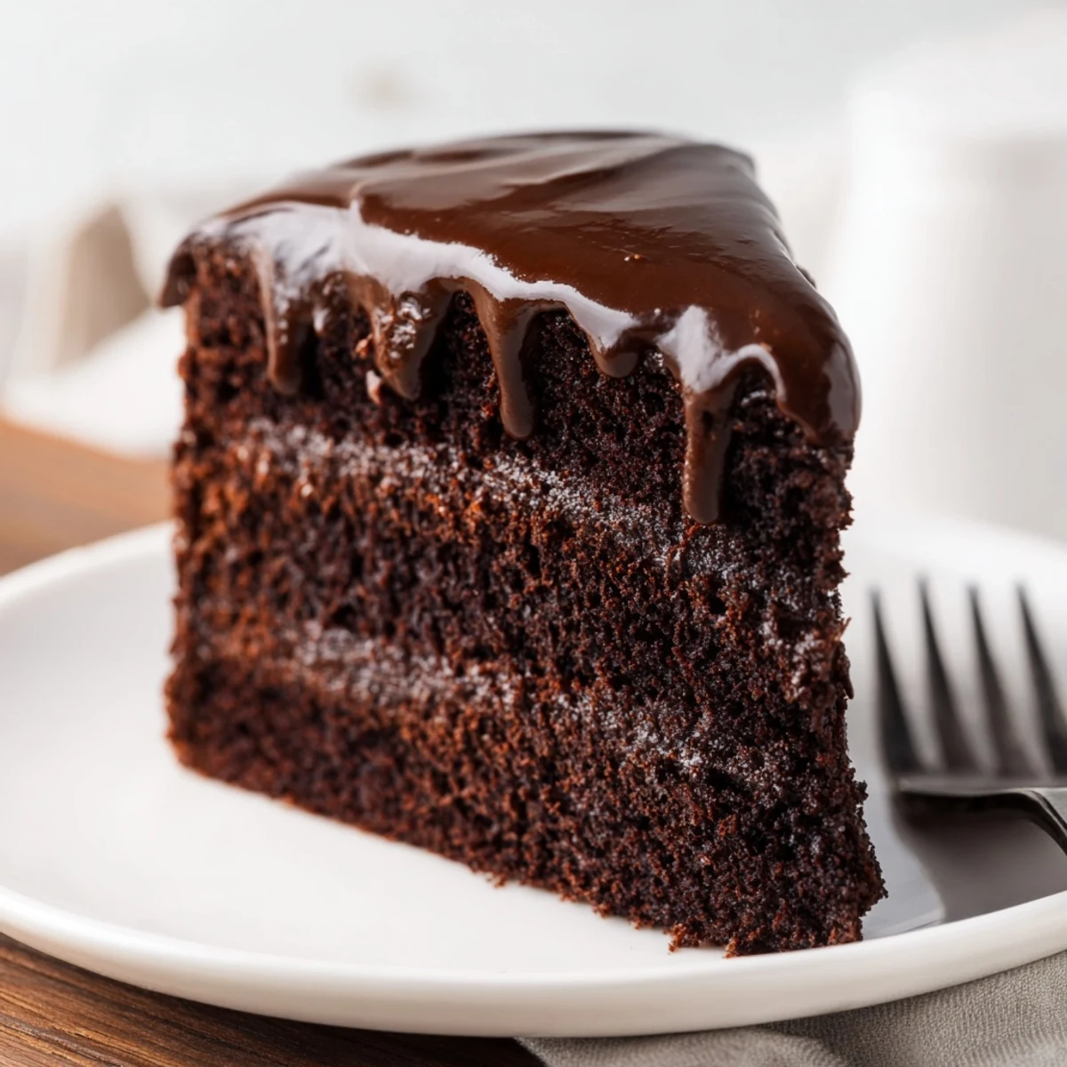 A two-layered chocolate cake with ganache, capturing the rich, dark, and delicious essence.