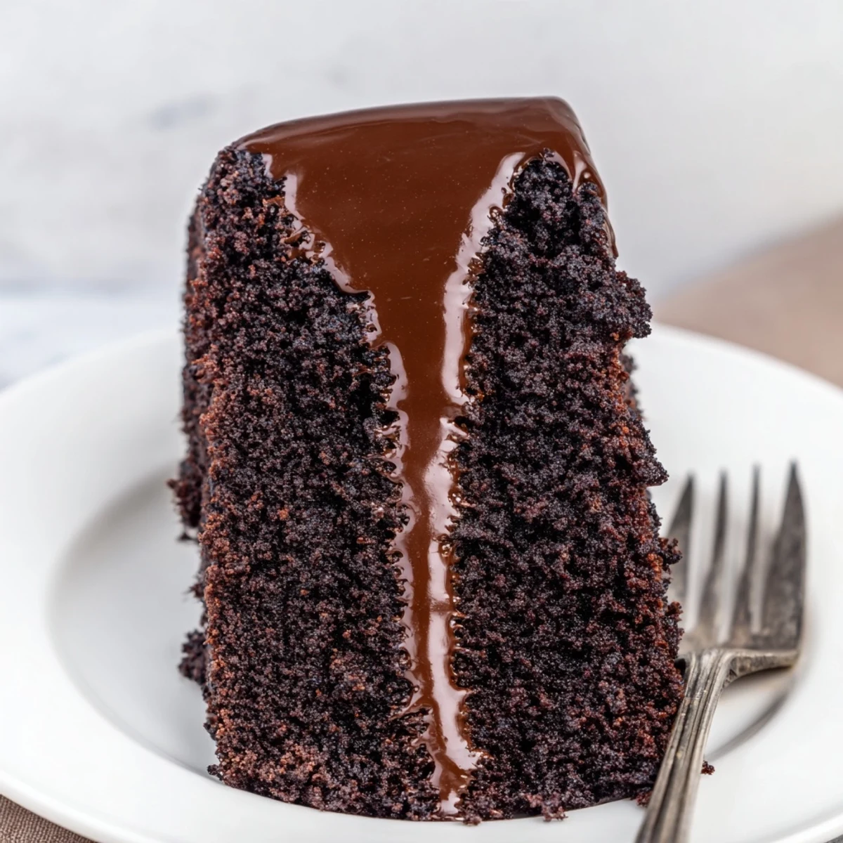 Imagine the glossy ganache pouring over this stunning homemade chocolate cake, ready to serve.