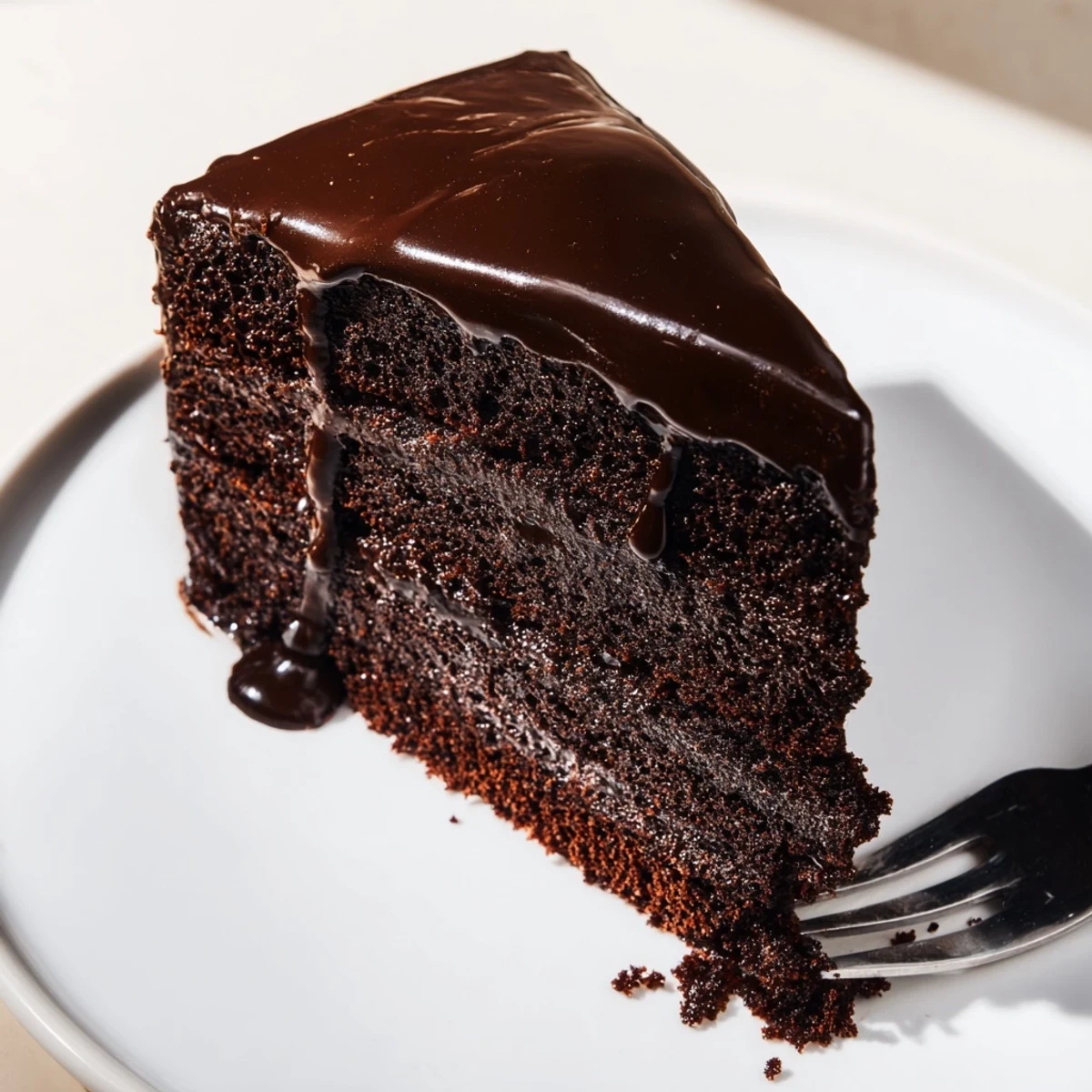 See a decadent slice of chocolate cake with ganache, ready to enjoy as a sweet dessert.