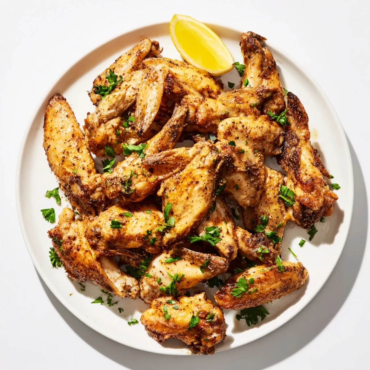 Golden-brown roasted chicken wings, a flavorful appetizer, ready to serve with lemon wedges.