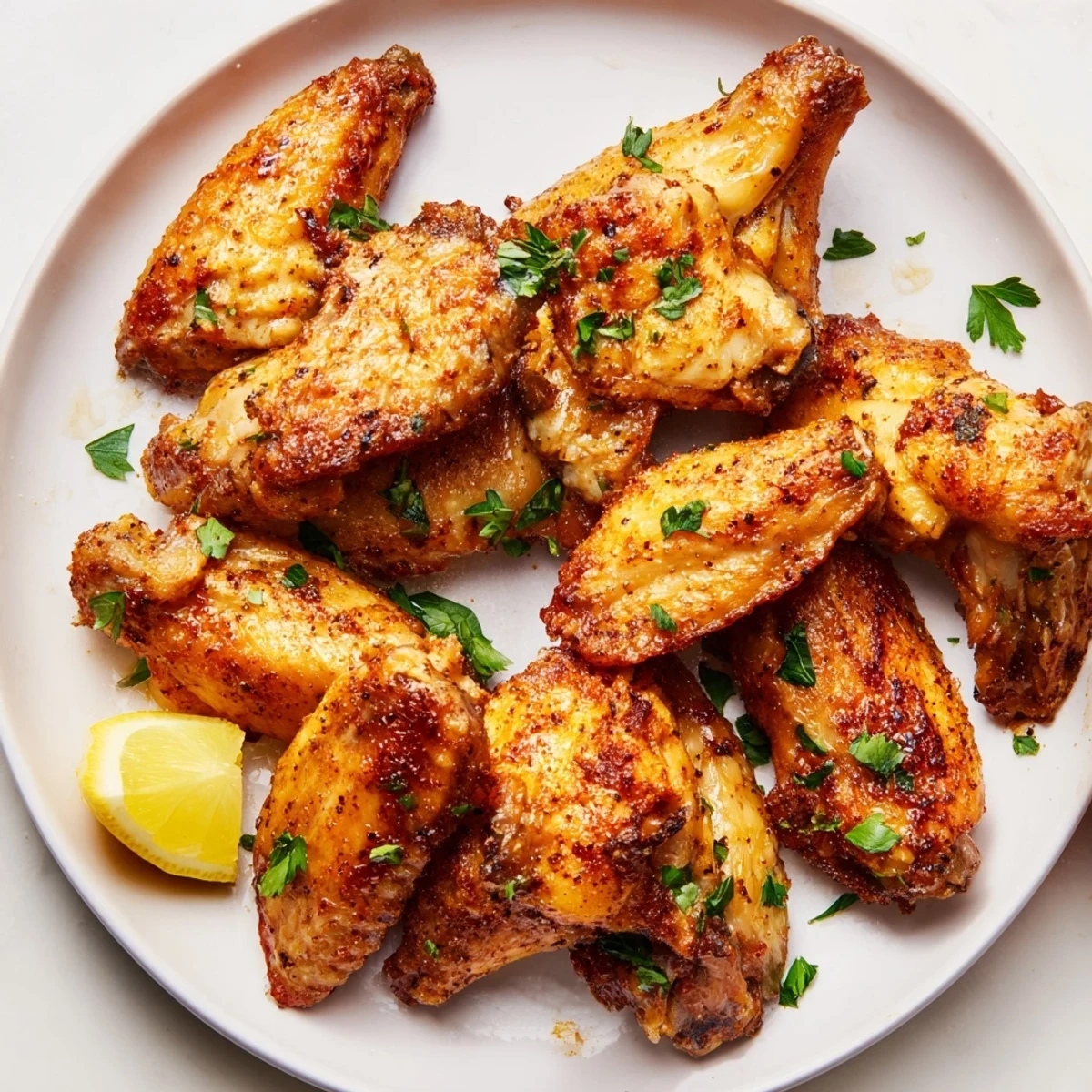 Crispy roasted chicken wings, seasoned with spices, perfect for a game day snack or dinner.