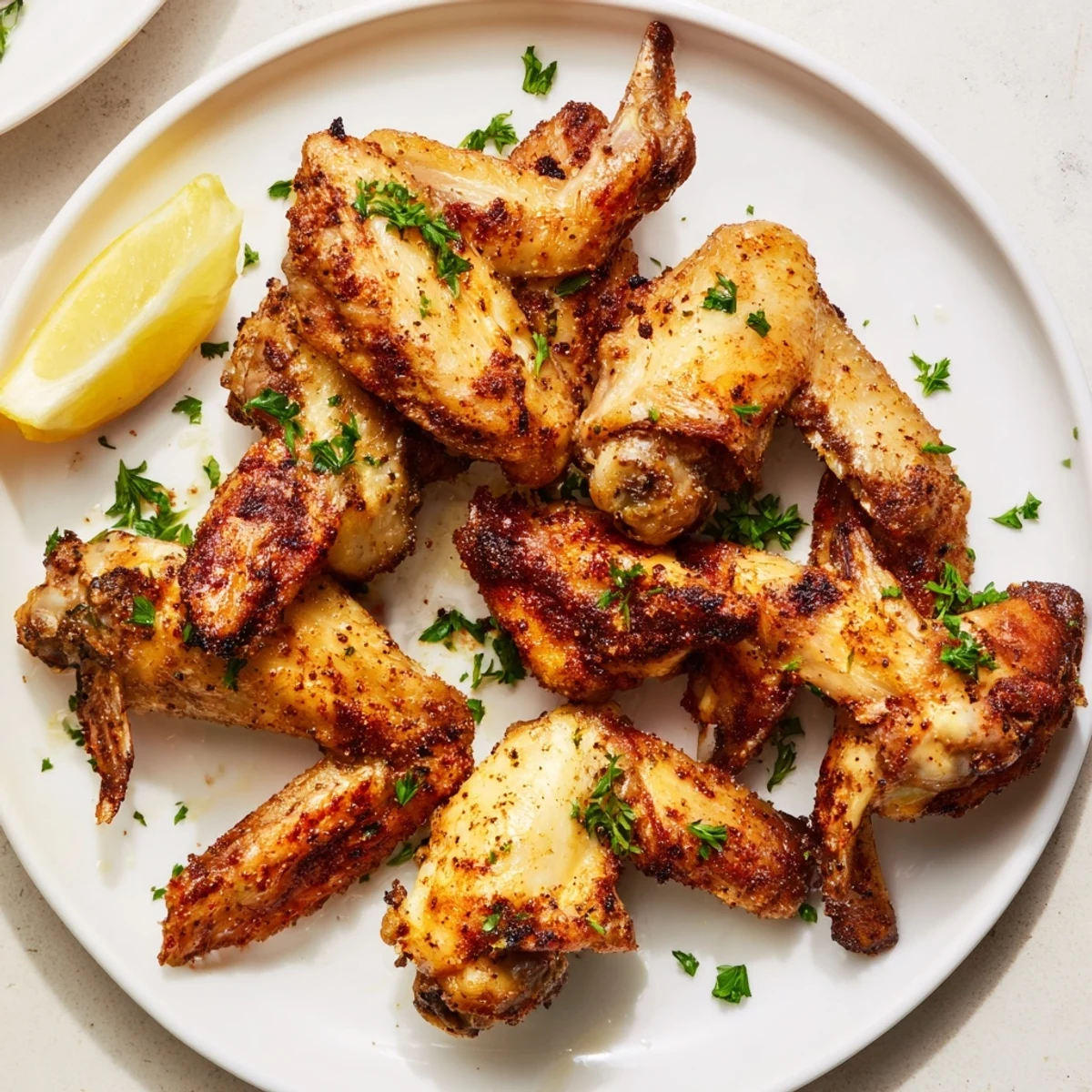 Close-up of perfectly roasted chicken wings with parsley garnish, ready for dipping and eating.