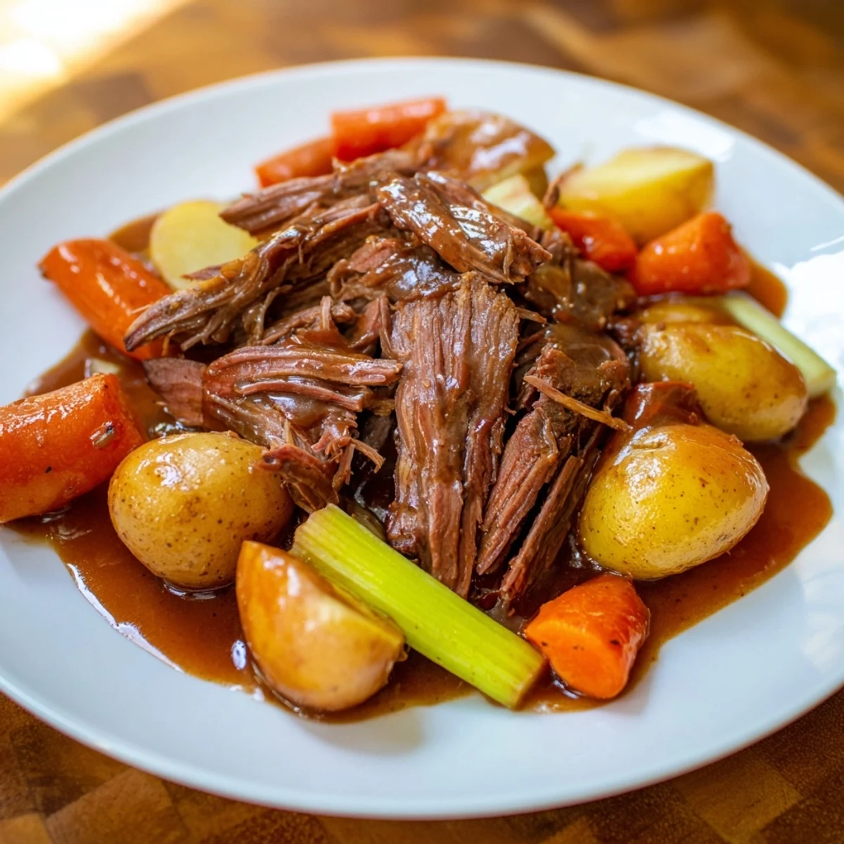 Fork-tender slow cooked pot roast, with carrots and potatoes, ready to be shredded and enjoyed.