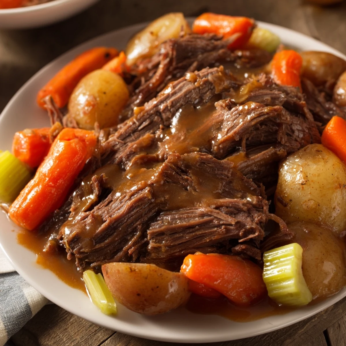 A steaming bowl of comforting slow cooked pot roast, richly flavored with herbs and savory juices.