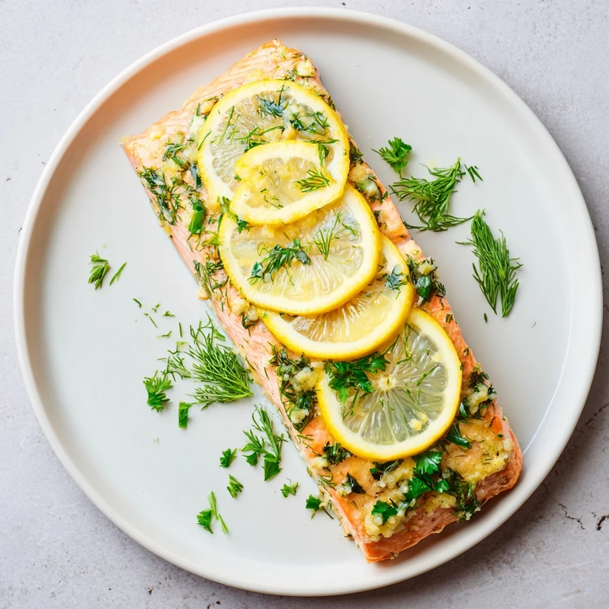 Flaky Baked Salmon Fillet, topped with herbs and lemon slices, ready to serve with a squeeze of citrus.