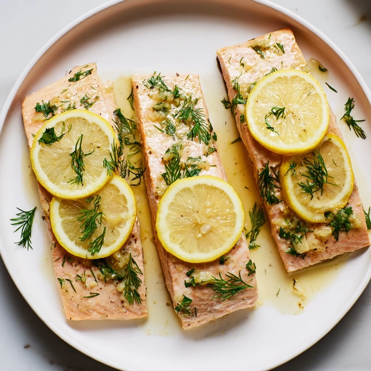 Close-up of a tender Baked Salmon Fillet next to fresh lemon wedges and vibrant green parsley.