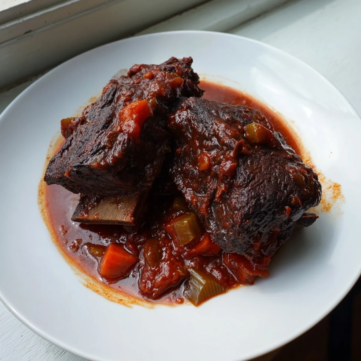 Tender, fall-off-the-bone braised beef ribs, glistening with a rich sauce, ready to serve.