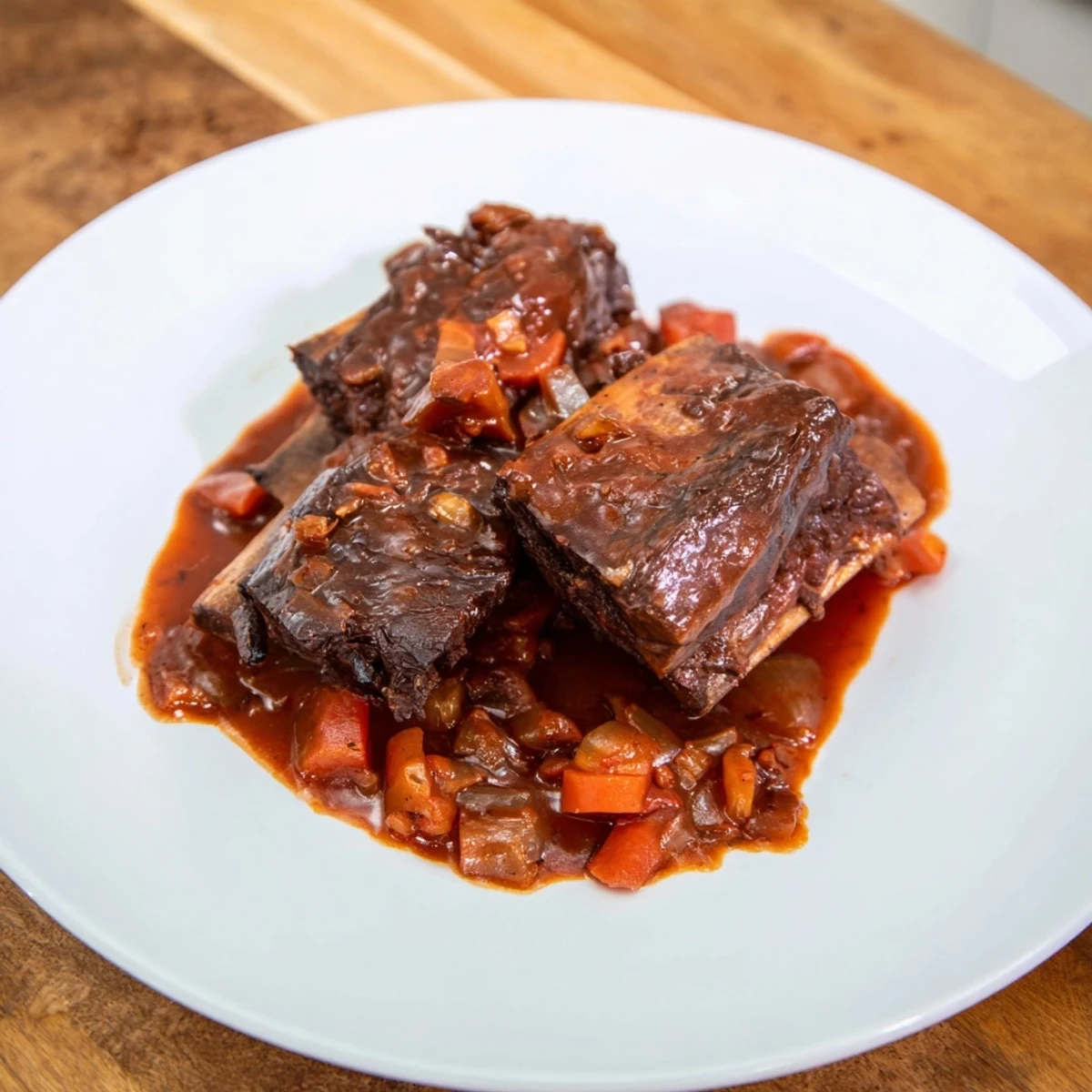 Hearty braised beef ribs served with a delicious sauce, perfect for a cozy, comforting dinner.