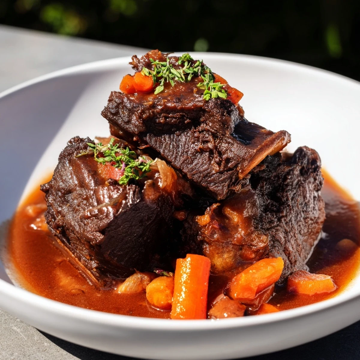 A close-up of beautifully braised beef ribs, showing the tender texture and flavorful broth.
