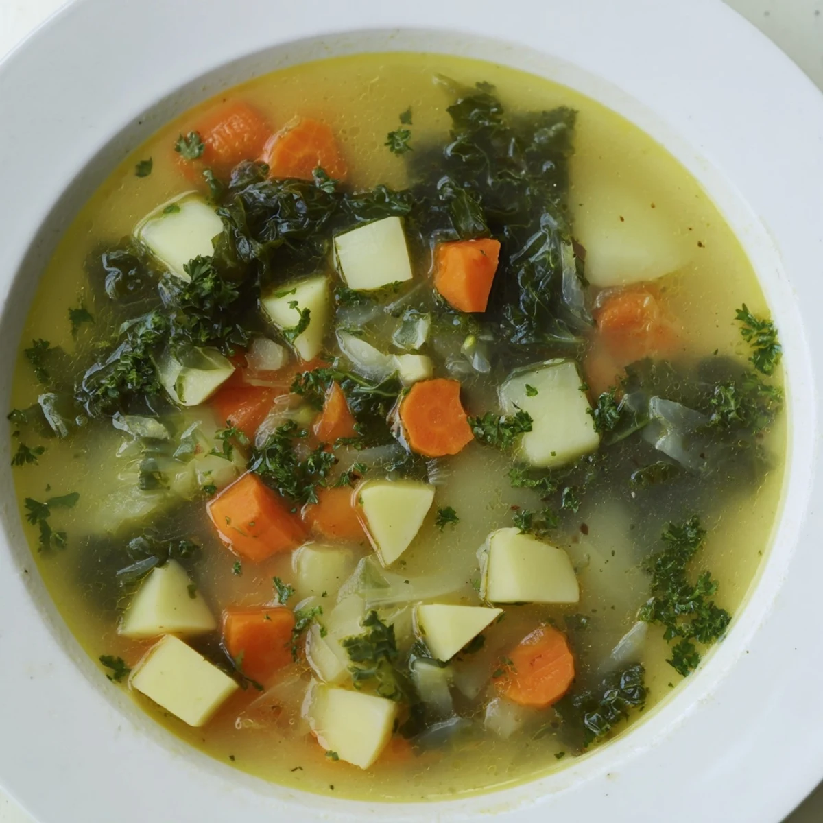 A steaming bowl of Winter Green Soup, with vibrant greens and a sprinkle of fresh parsley.