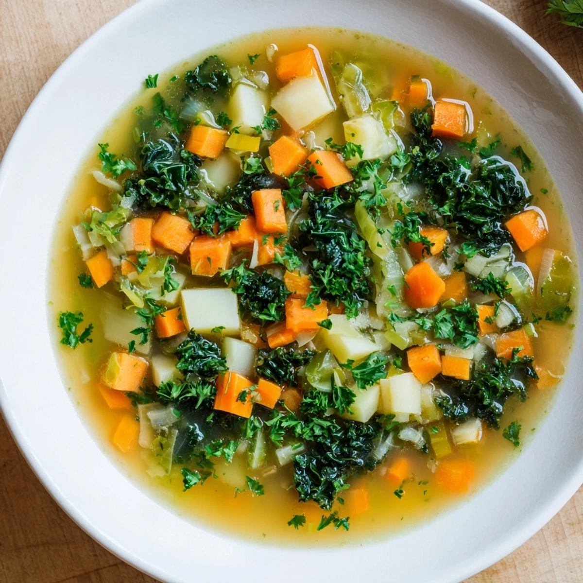 This Winter Green Soup features hearty vegetables simmered in broth, ready for a comforting meal.