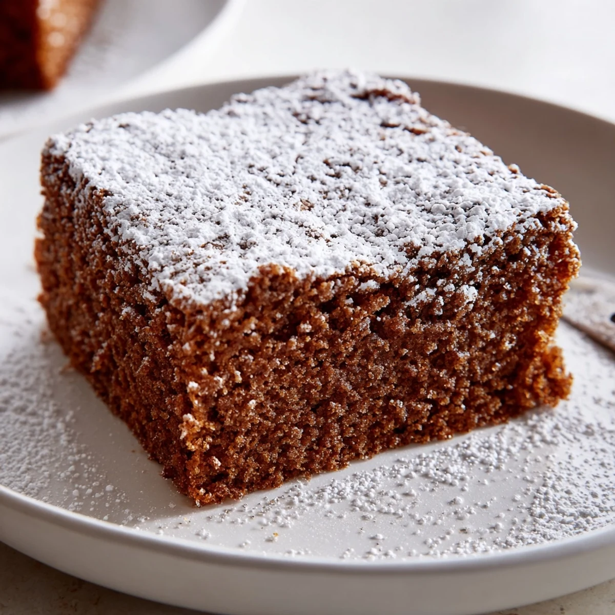 Moist gingerbread cake, warmly spiced, is ready for serving with powdered sugar topping.