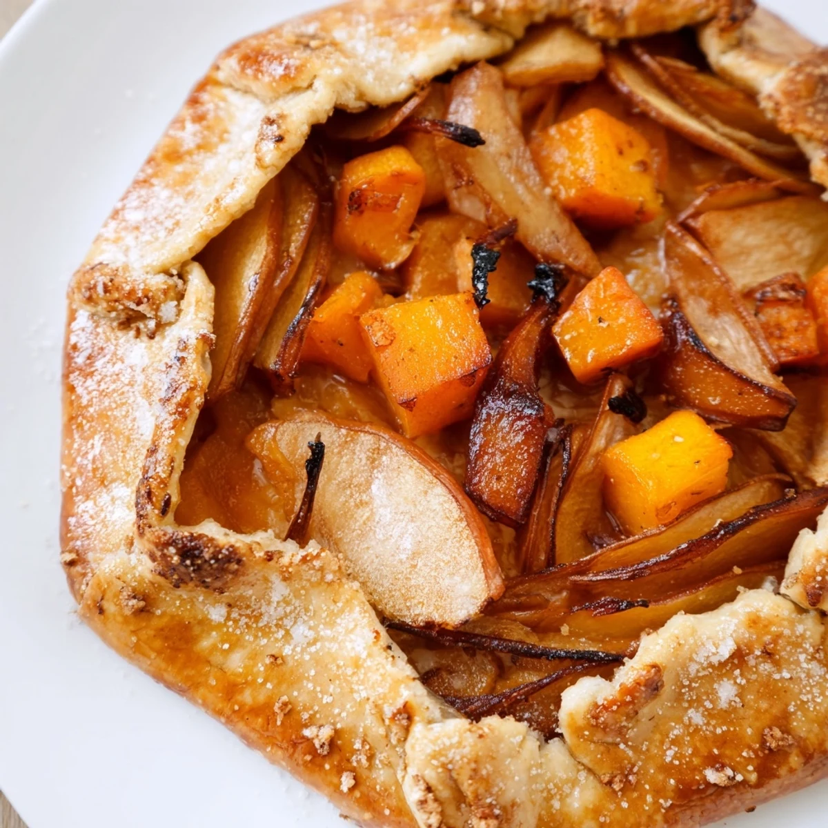 Golden-brown Roasted Butternut Squash and Apple Galette, filled with caramelized vegetables perfect for fall.