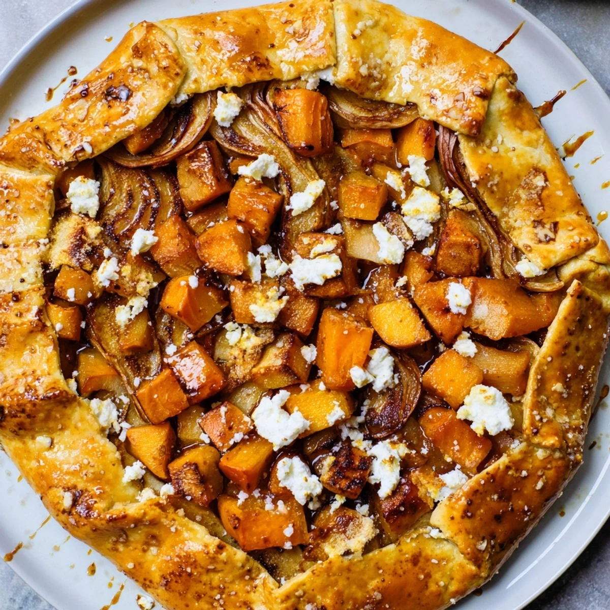 Imagine a warm Roasted Butternut Squash and Apple Galette with a flaky crust, ready to serve as a main course.