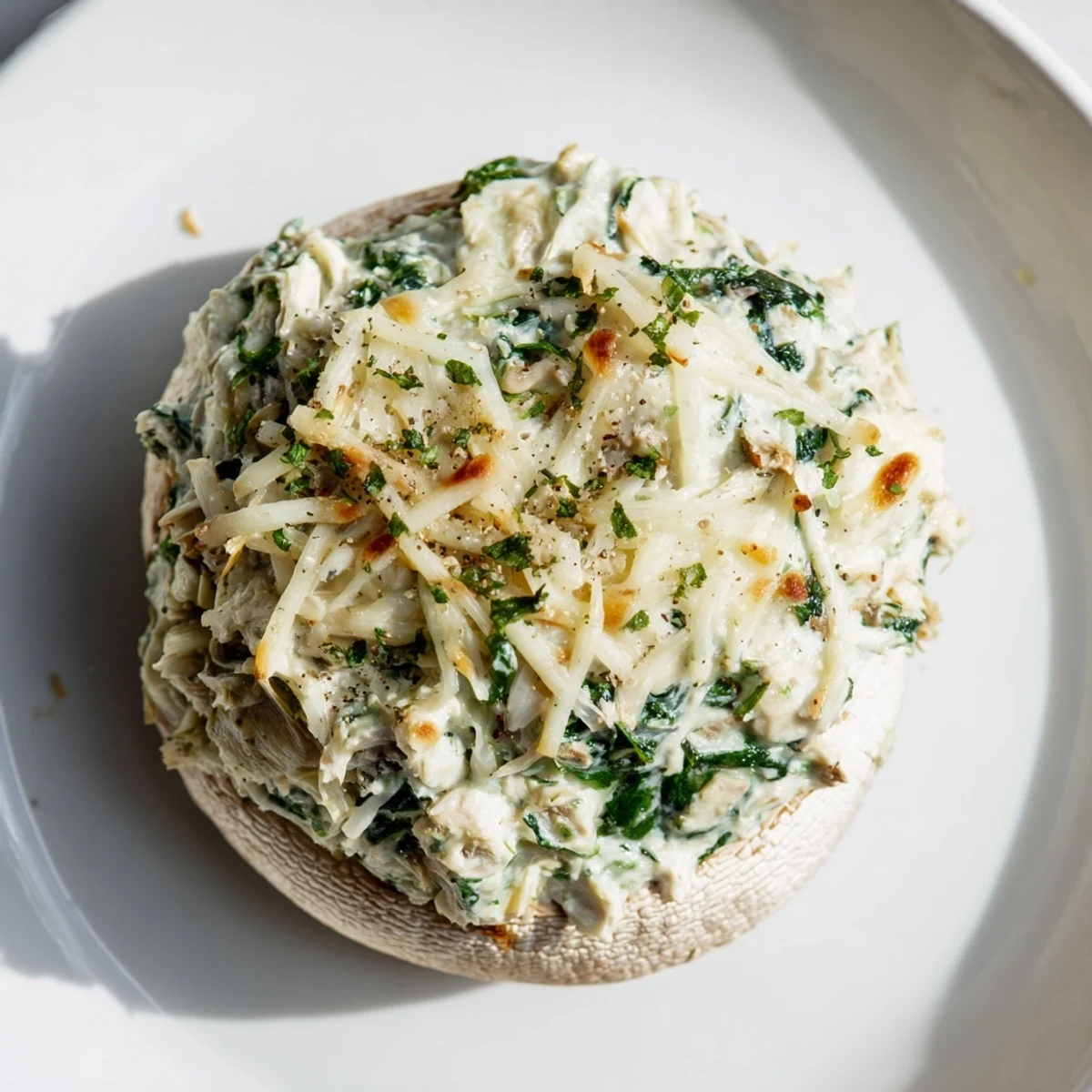 A close-up view of baked Cheesy Spinach Artichoke Stuffed Mushrooms filled with creamy, delicious filling.