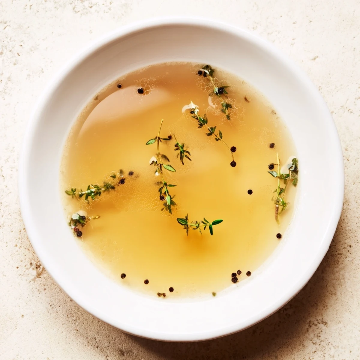 Golden, clear homemade vegetable broth, ready to strain and use in a variety of recipes.