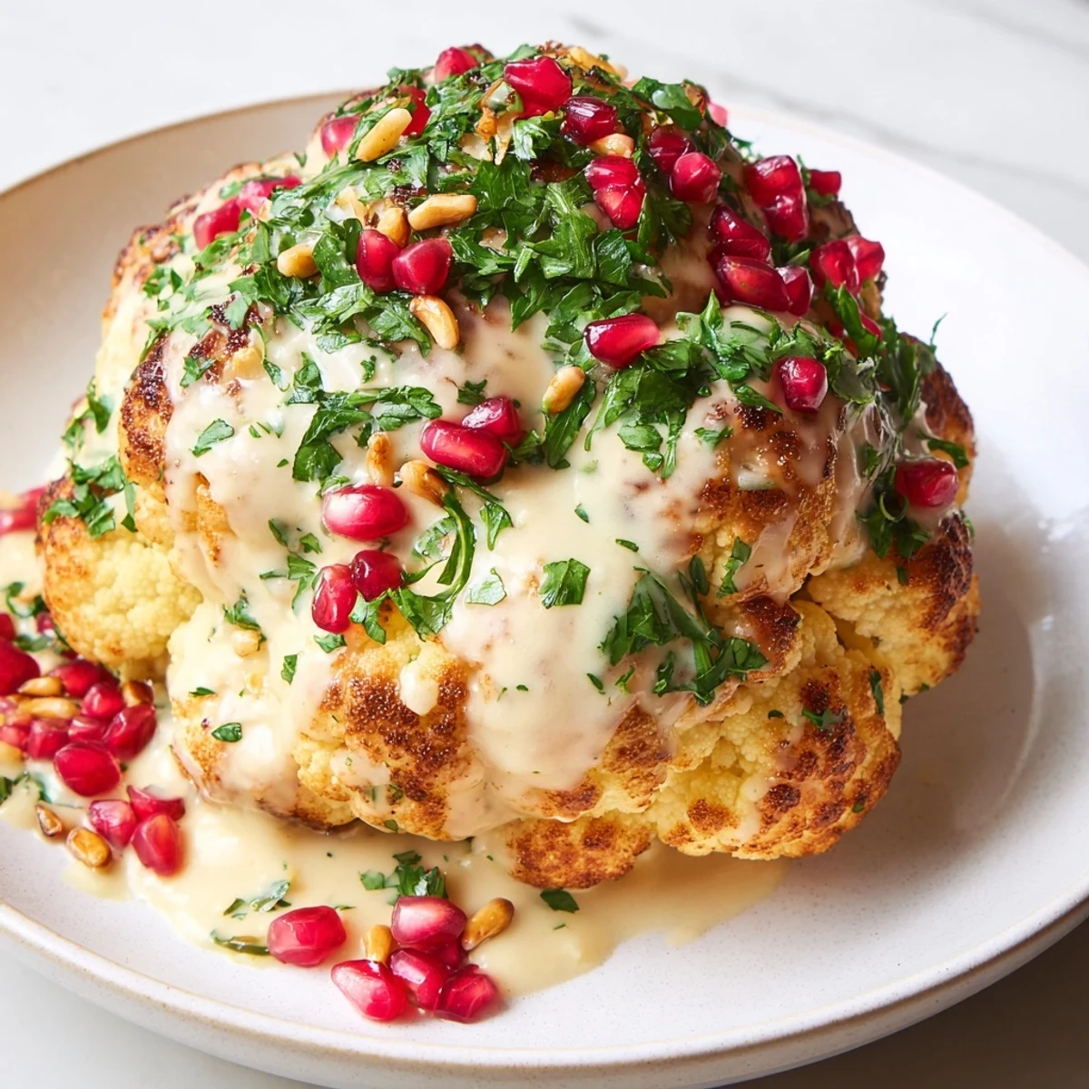 Golden-brown Whole Roasted Cauliflower with creamy tahini glaze, a flavorful and easy vegetarian main.
