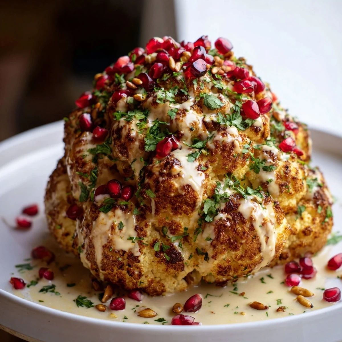 Vibrant image of Whole Roasted Cauliflower, generously drizzled with tahini, ready to be served.