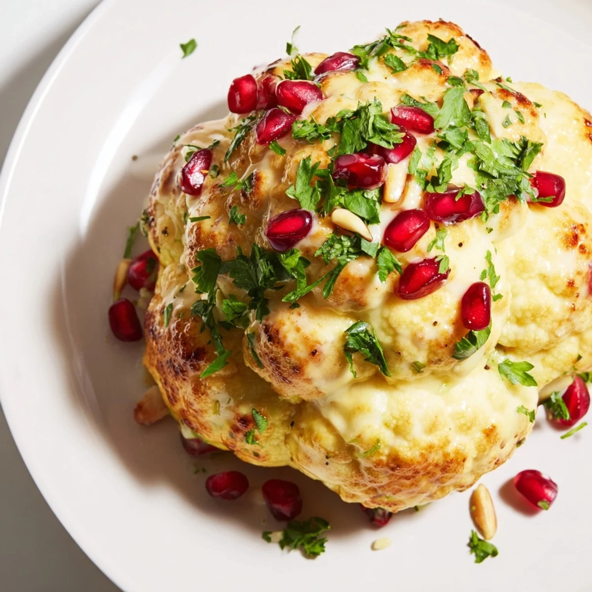 Elegant serving of Whole Roasted Cauliflower; the tahini glaze glistens atop the roasted vegetable.