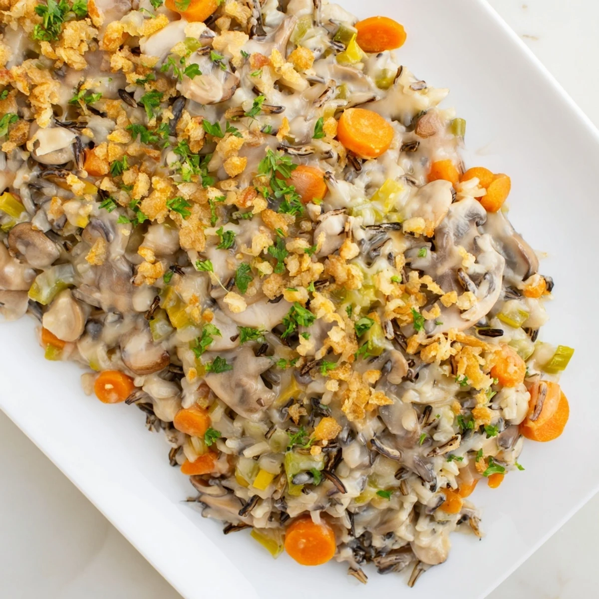 A close-up of creamy, savory Creamy Mushroom and Wild Rice Casserole, ideal family dinner option.
