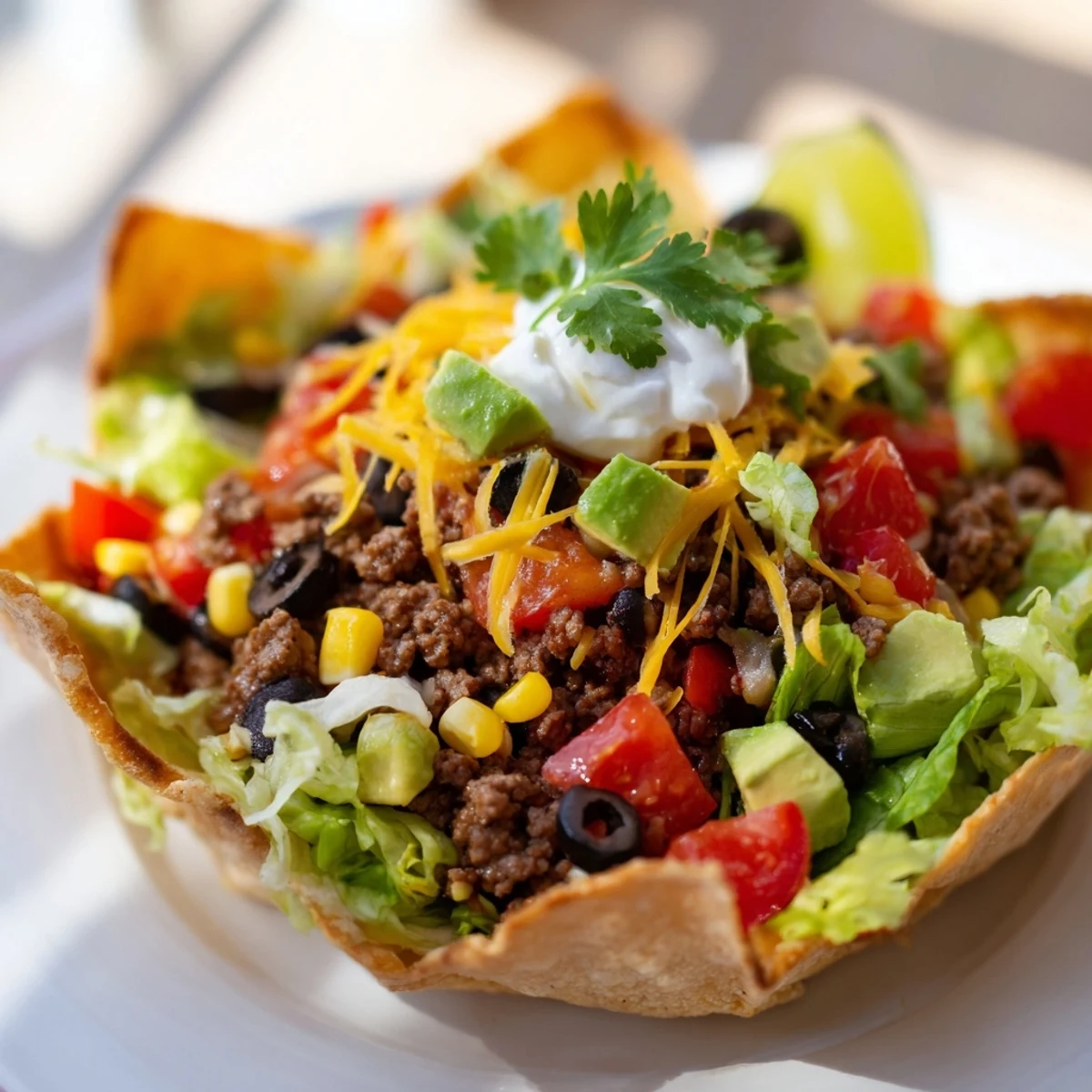 Crunchy tortilla bowl brimming with flavorful beef taco salad, fresh toppings, ready to enjoy.
