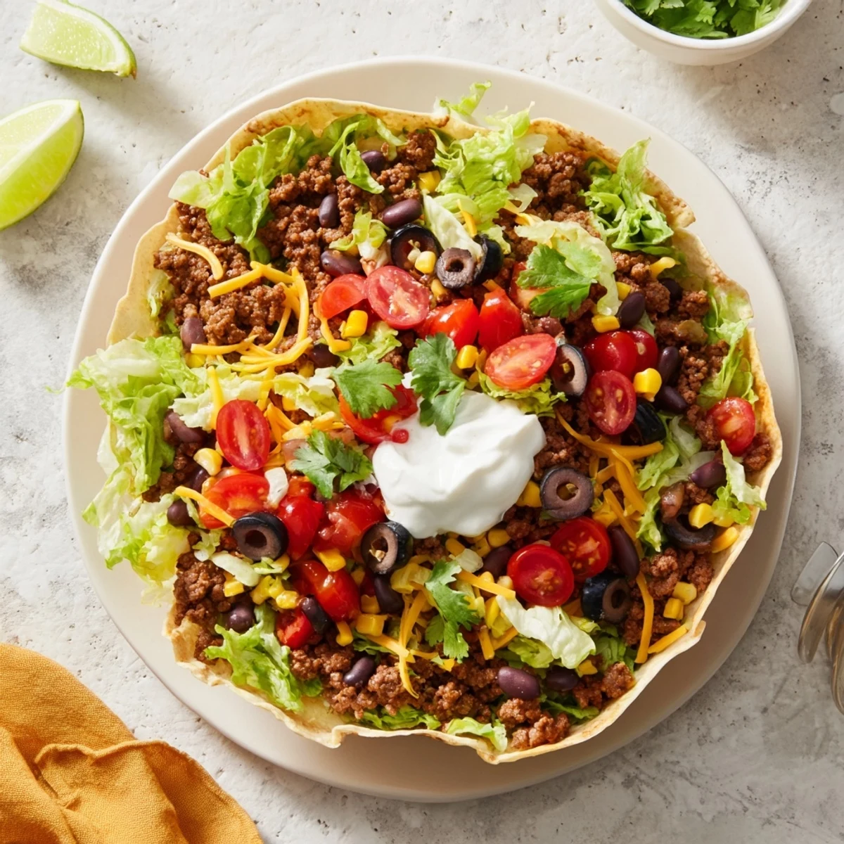 Hearty, homemade beef taco salad: A delicious mix of textures and tastes in a crispy tortilla bowl.