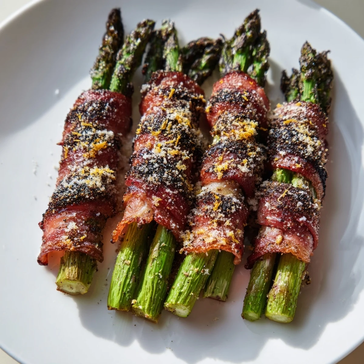 Savory Crispy Beef Bacon Wrapped Asparagus with a golden, sizzling bacon exterior and tender green spears.