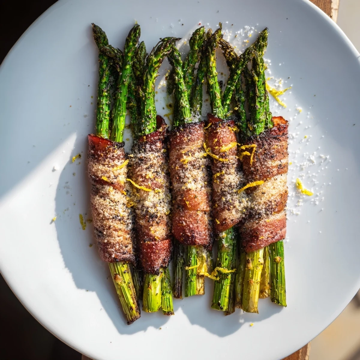 Photo of mouthwatering Crispy Beef Bacon Wrapped Asparagus bundles, perfect as a flavorful, easy appetizer.