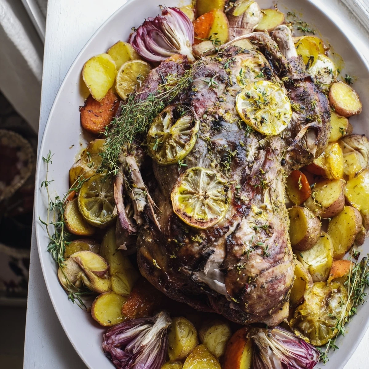 Tender Sheet Pan Lemon Herb Roasted Turkey Breast, surrounded by colorful, perfectly roasted baby potatoes and carrots.