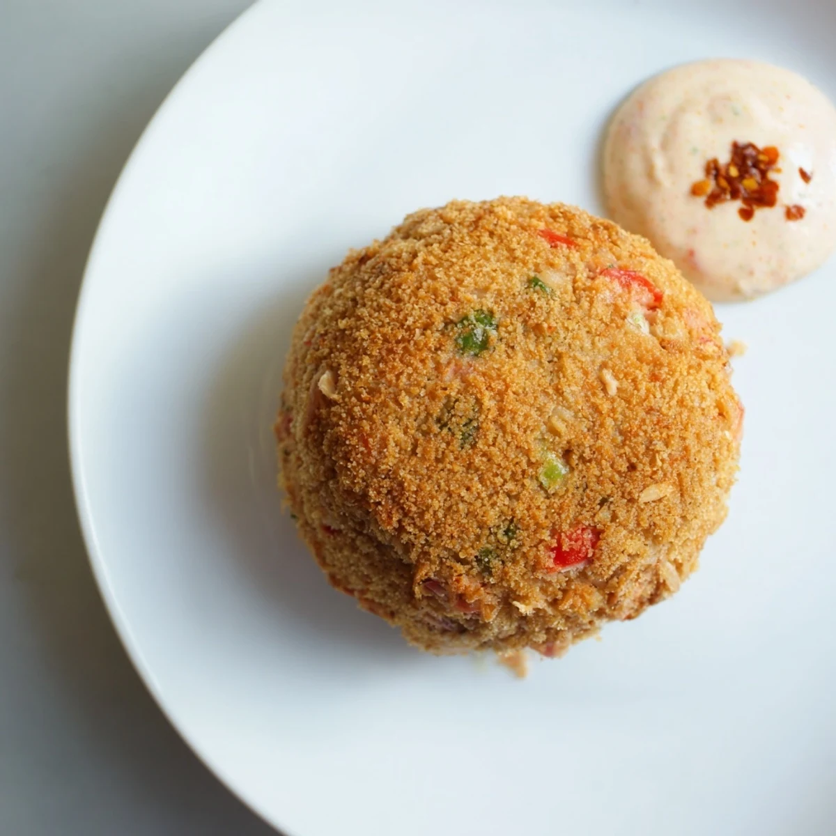 Close-up of Spicy Tuna Cakes, showing texture, next to a small bowl of spicy chipotle mayonnaise.