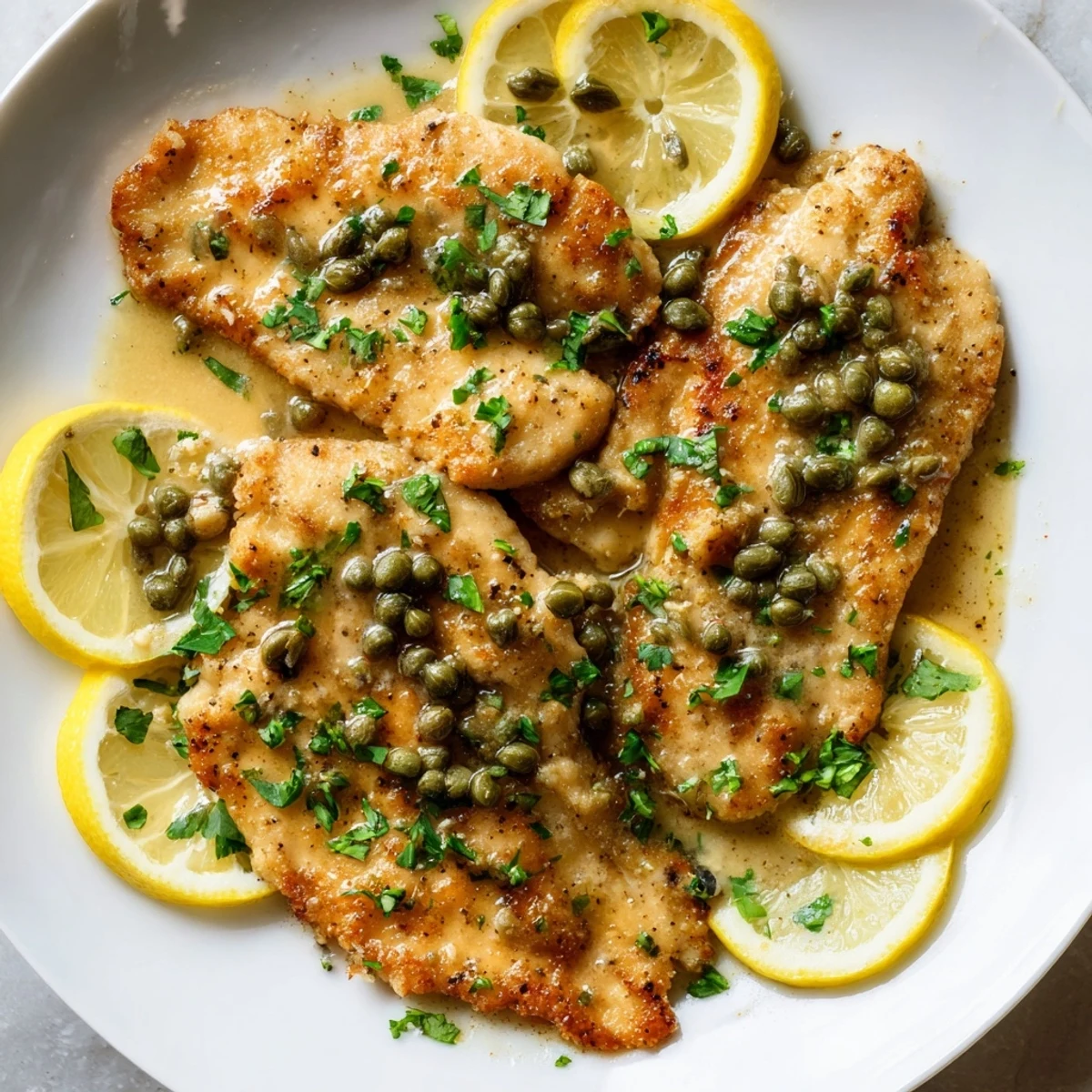 Golden-brown Chicken Piccata cutlets glistening in a vibrant lemon-caper sauce, ready to serve.
