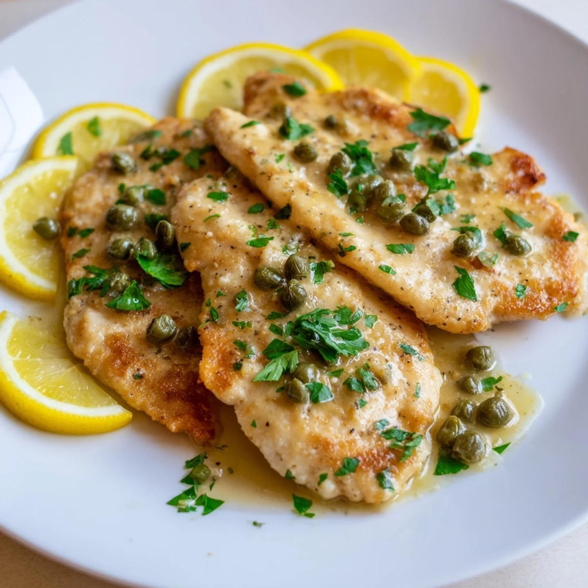 Tender Chicken Piccata with capers, bathed in a bright, lemony sauce; a classic dinner favorite.