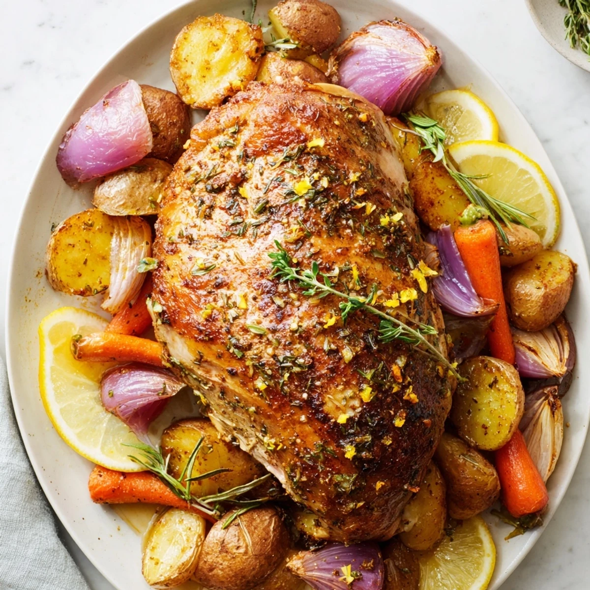Sheet Pan Lemon Herb Roasted Turkey Breast sizzling with golden skin and roasted vegetables, ready to serve.