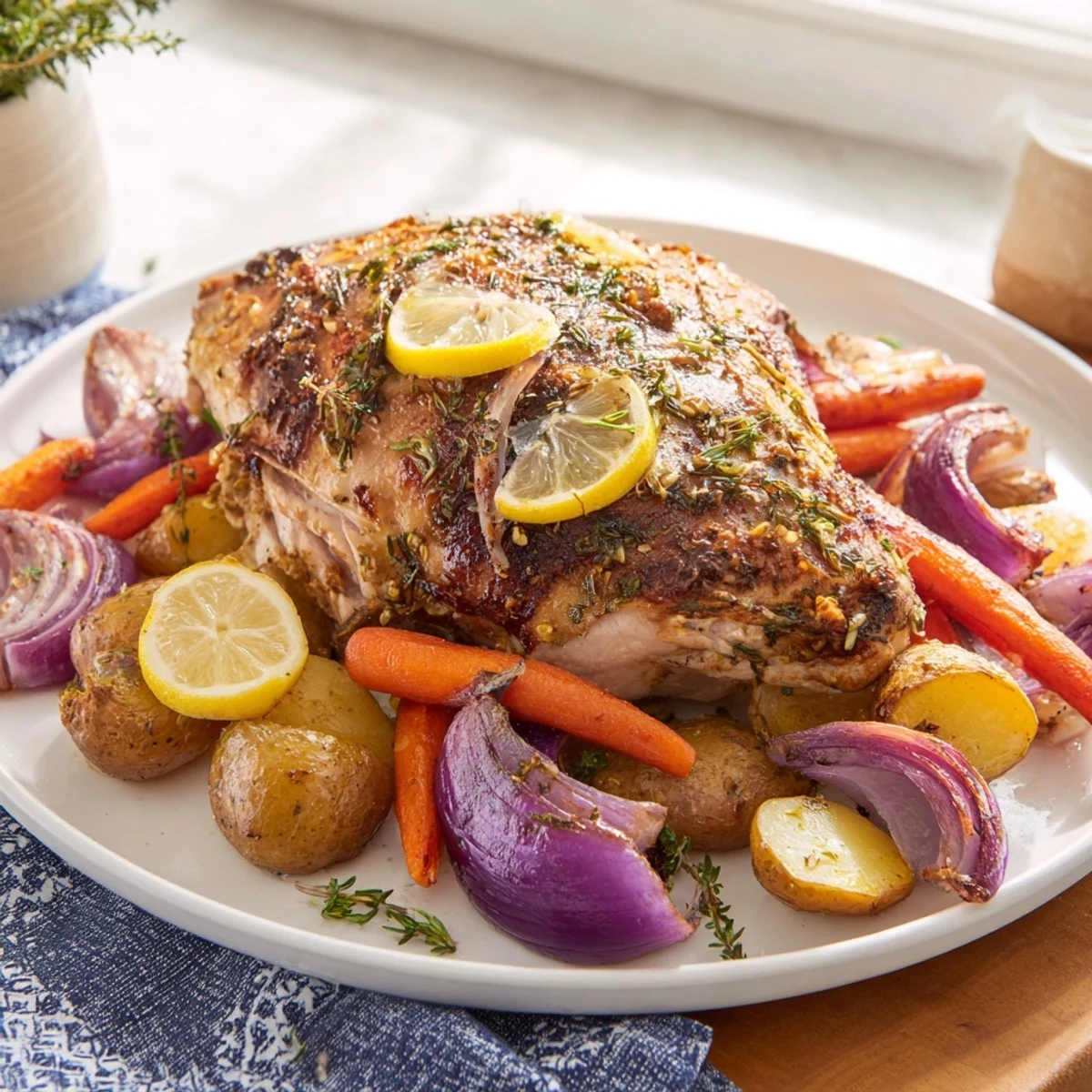 Tender Sheet Pan Lemon Herb Roasted Turkey Breast, surrounded by colorful, perfectly roasted baby potatoes and carrots.