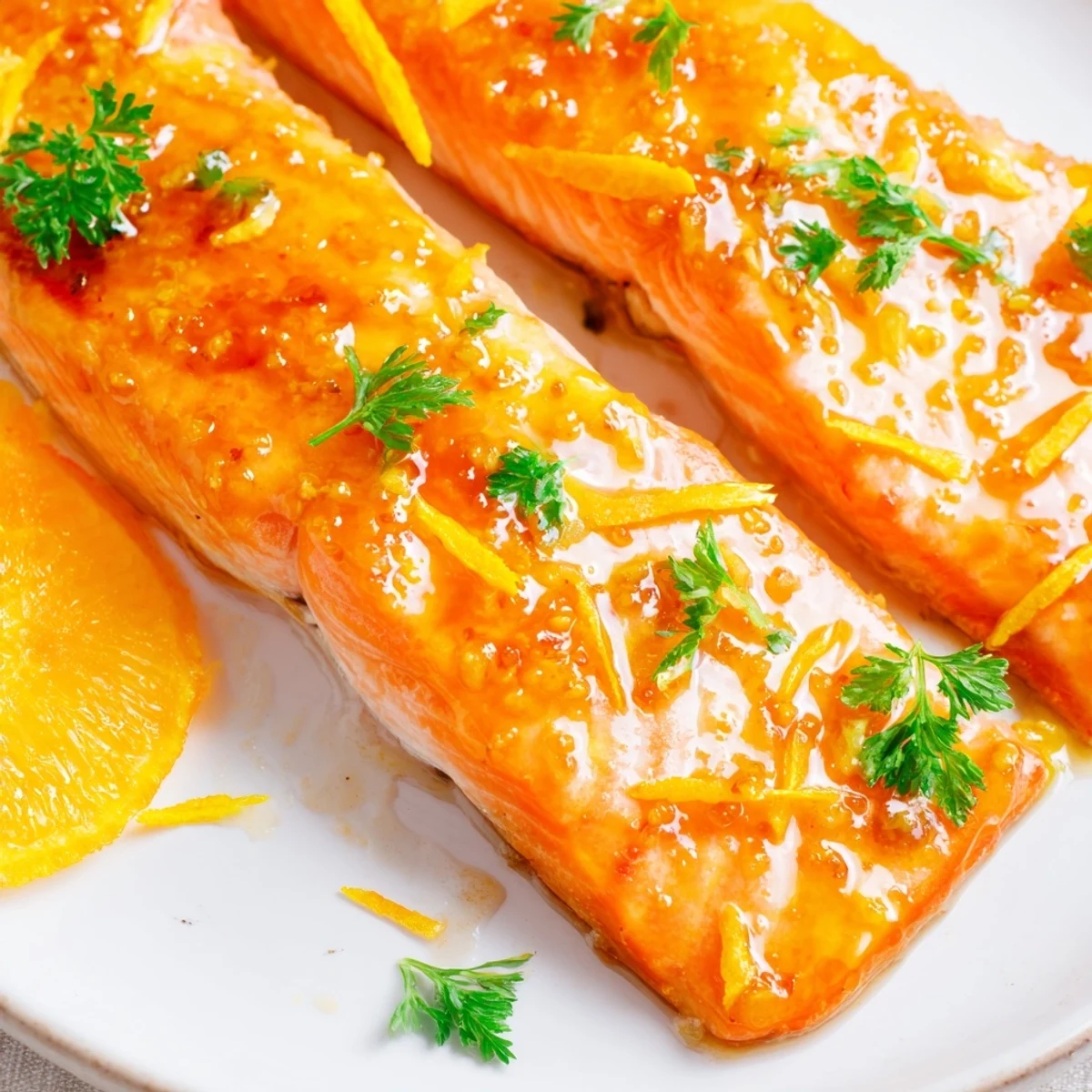 Flaky baked salmon with orange glaze glistening beautifully, ready to enjoy for dinner tonight.